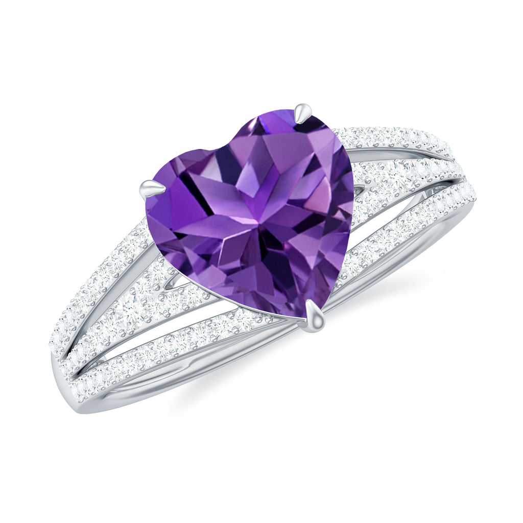 Heart Shape Solitaire Amethyst Designer Engagement Ring with Diamond Amethyst - ( AAA ) - Quality - Rosec Jewels