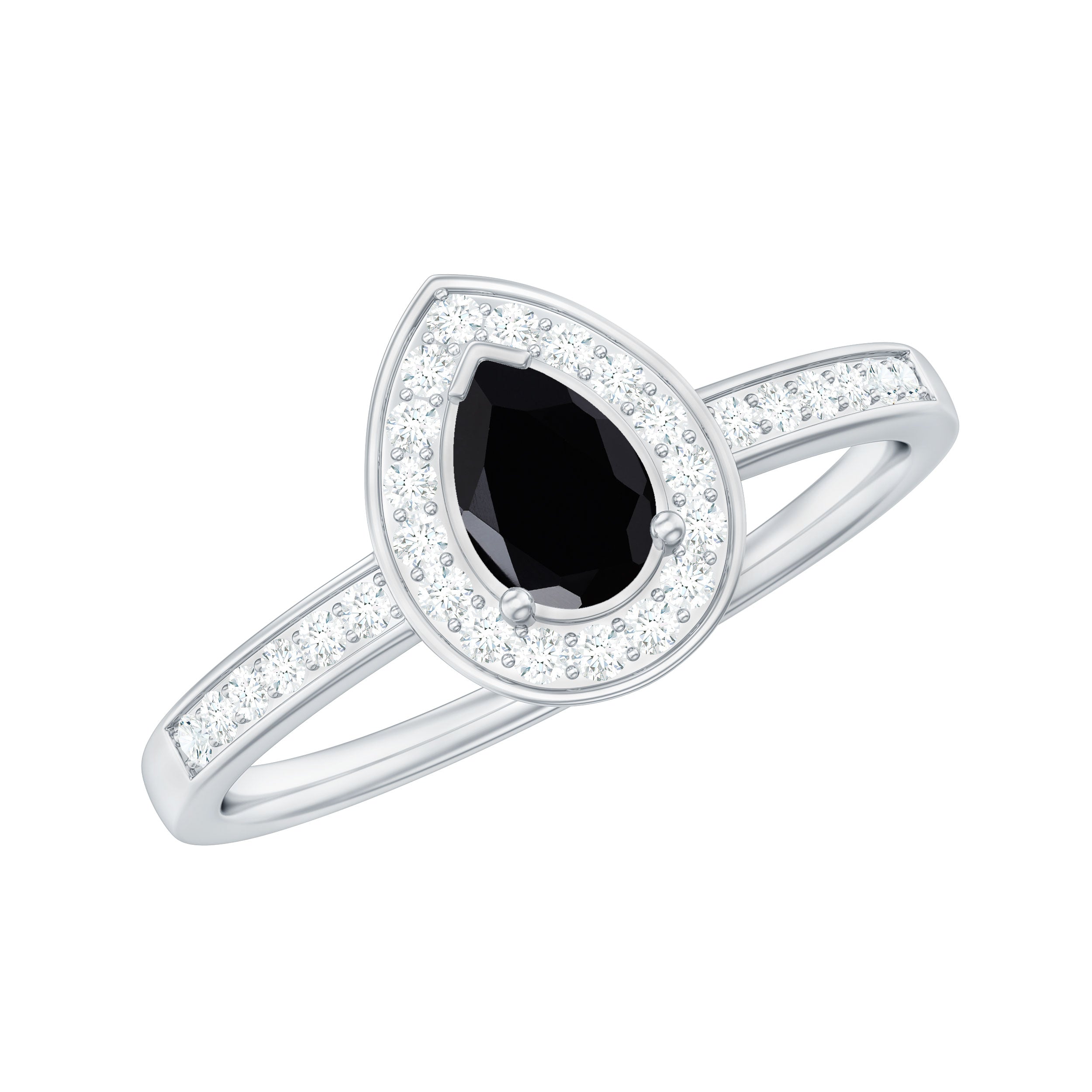 1 CT Pear Cut Black Spinel Classic Engagement Ring with Diamond Halo Black Spinel - ( AAA ) - Quality - Rosec Jewels
