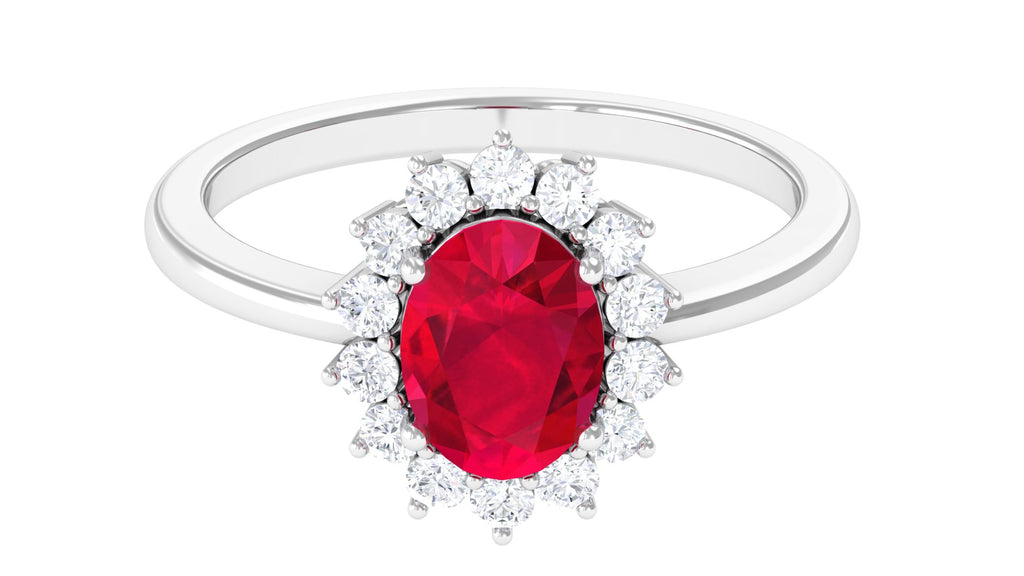 Princess Diana Inspired Oval Cut Created Ruby Engagement Ring Diamond Halo Lab Created Ruby - ( AAAA ) - Quality - Rosec Jewels
