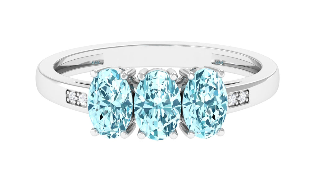 Aquamarine Three Stone Engagement Ring with Diamond Aquamarine - ( AAA ) - Quality - Rosec Jewels