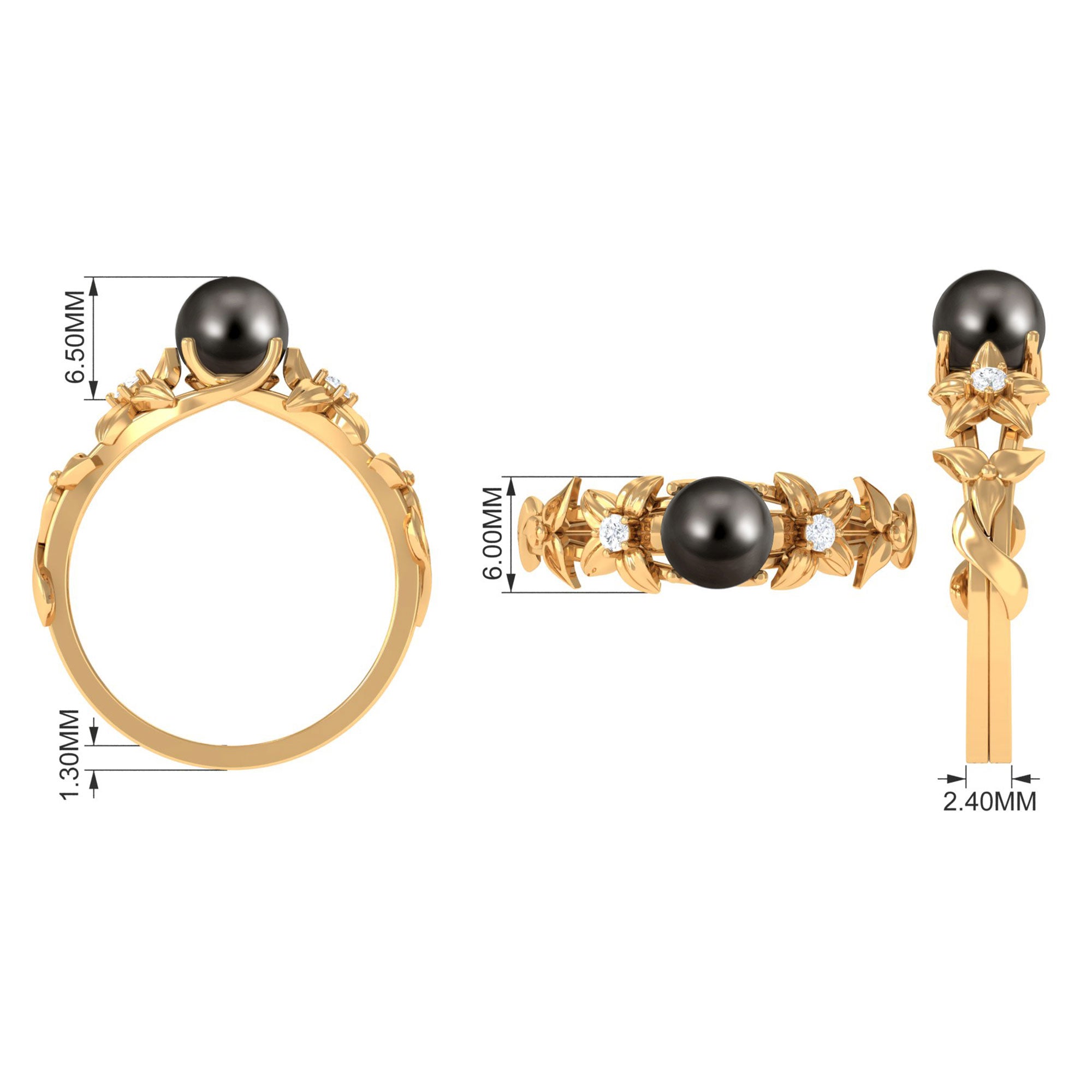 2.50 CT Black Tahitian Pearl Flower Engagement Ring with Diamond Tahitian pearl - ( AAA ) - Quality - Rosec Jewels