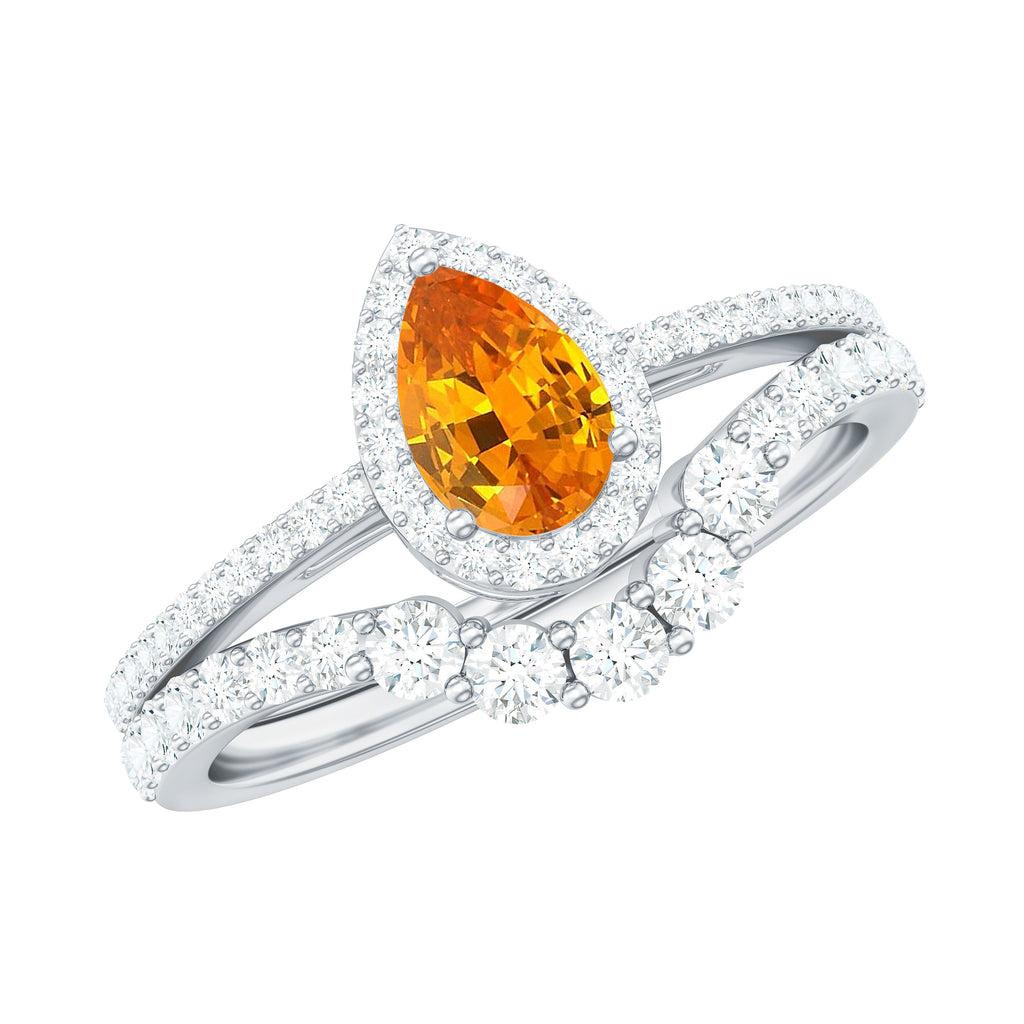 Created Orange Sapphire and Moissanite Designer Teardrop Ring Set Lab Created Orange Sapphire - ( AAAA ) - Quality - Rosec Jewels