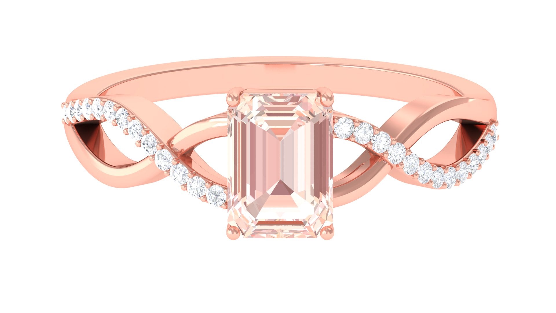 Emerald Cut Morganite Crossover Engagement Ring with Diamond Morganite - ( AAA ) - Quality - Rosec Jewels