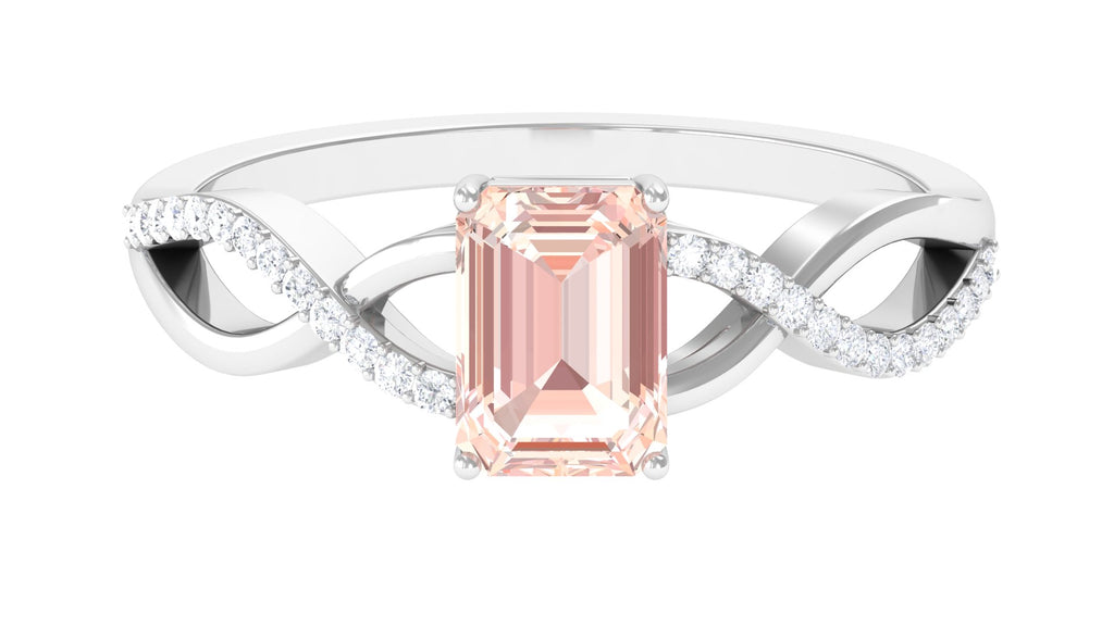 Emerald Cut Morganite Crossover Engagement Ring with Diamond Morganite - ( AAA ) - Quality - Rosec Jewels