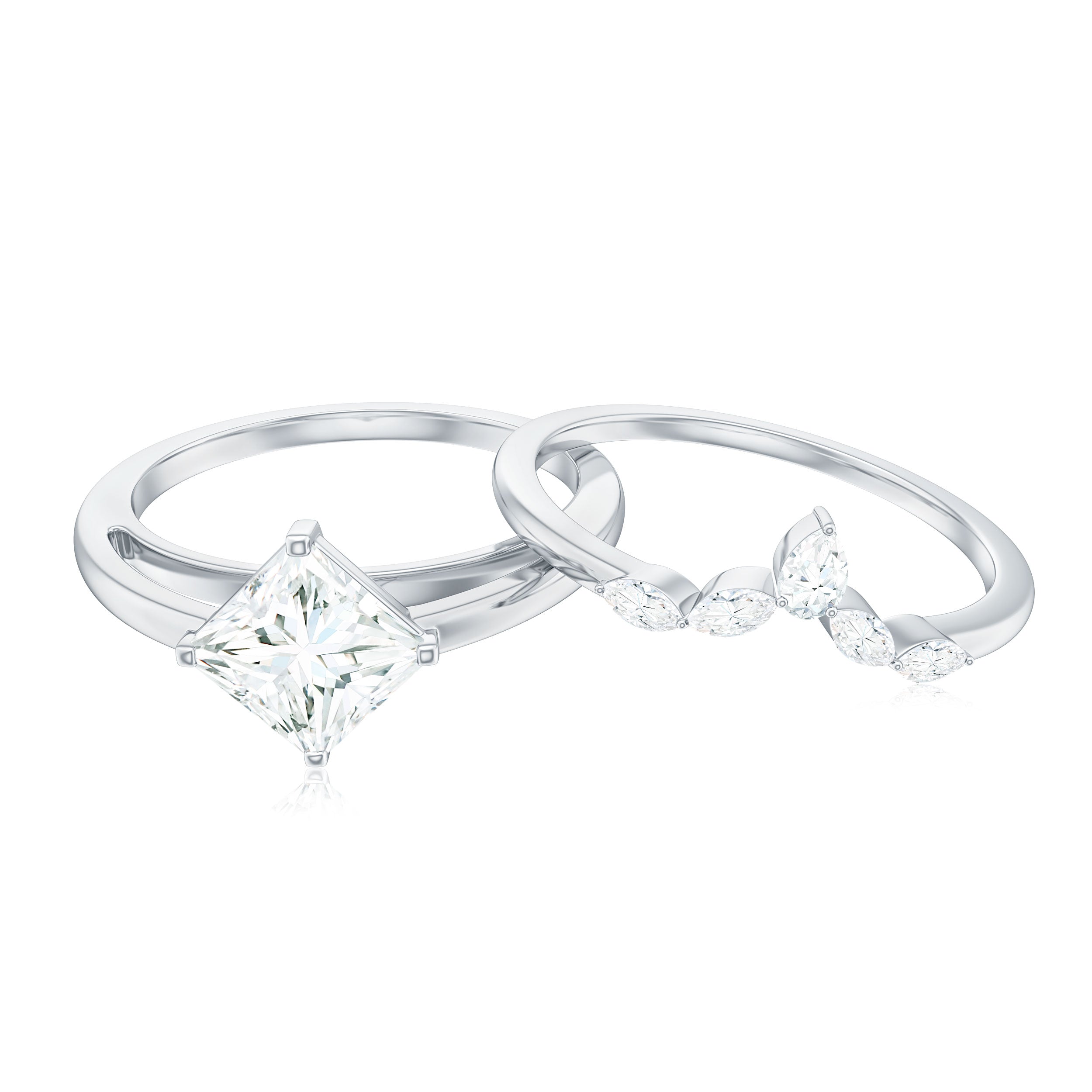 Cubic Zirconia Solitaire Ring Set with V Shape Band Zircon - ( AAAA ) - Quality - Rosec Jewels