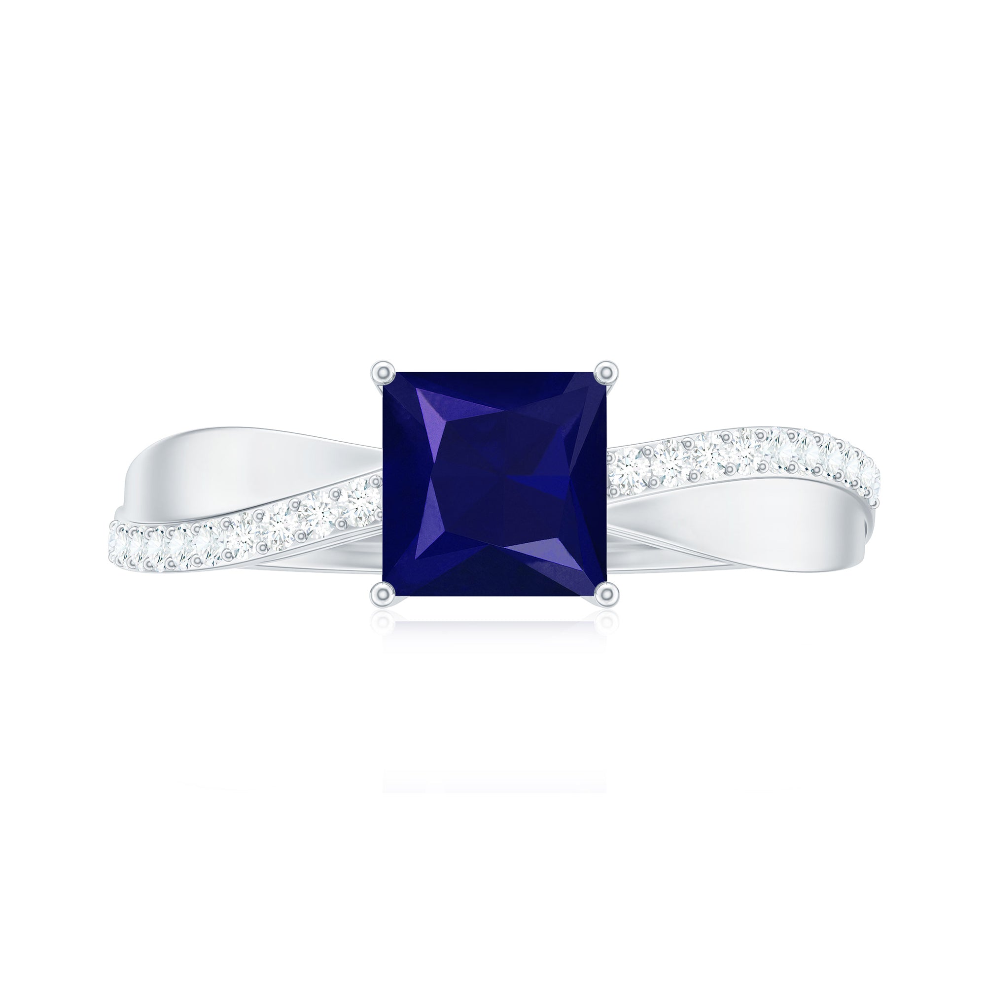 Princess Cut Lab-Created Blue Sapphire Engagement Ring with Diamond Lab Created Blue Sapphire - ( AAAA ) - Quality - Rosec Jewels