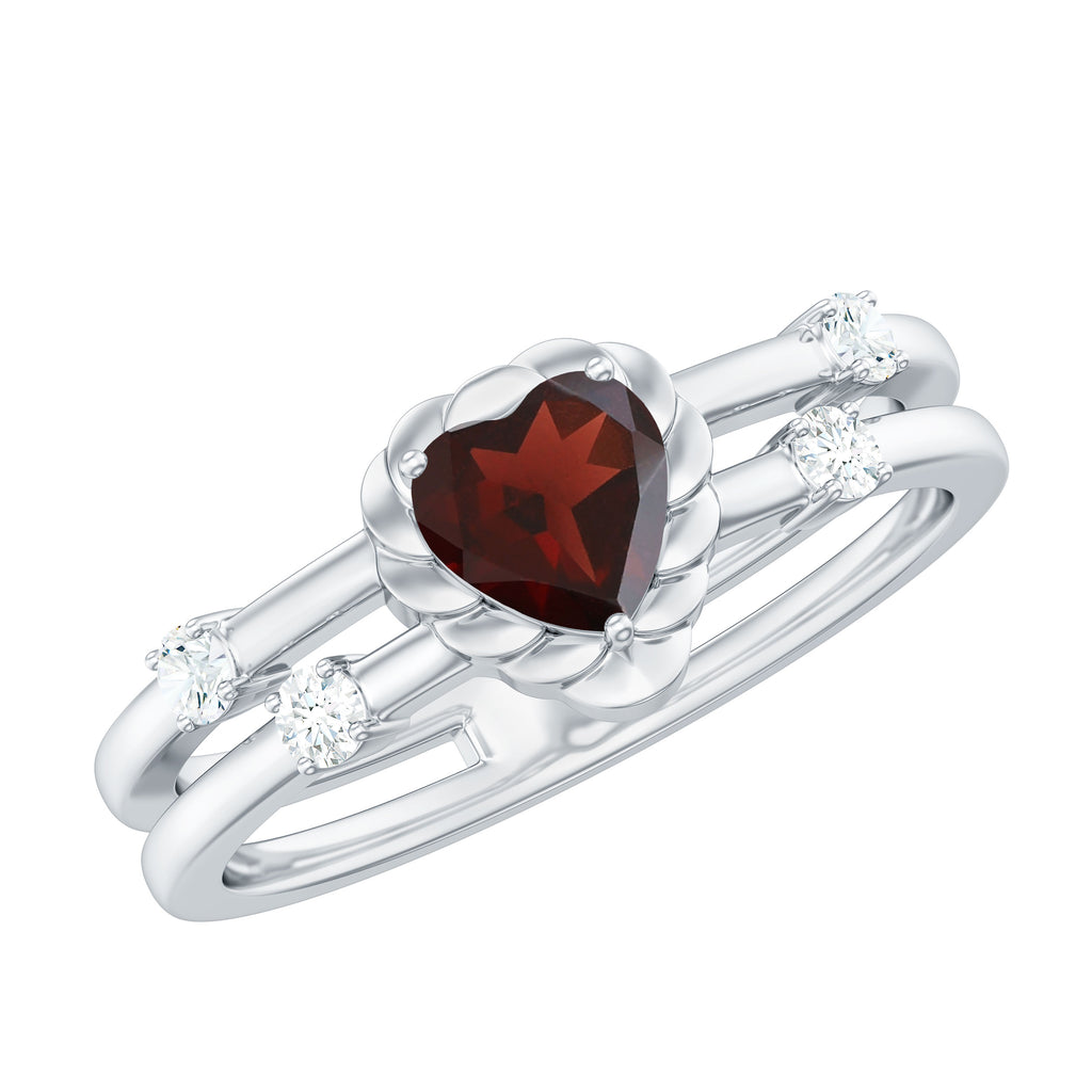 Heart Garnet Double Band Engagement Ring with Diamond Garnet - ( AAA ) - Quality - Rosec Jewels