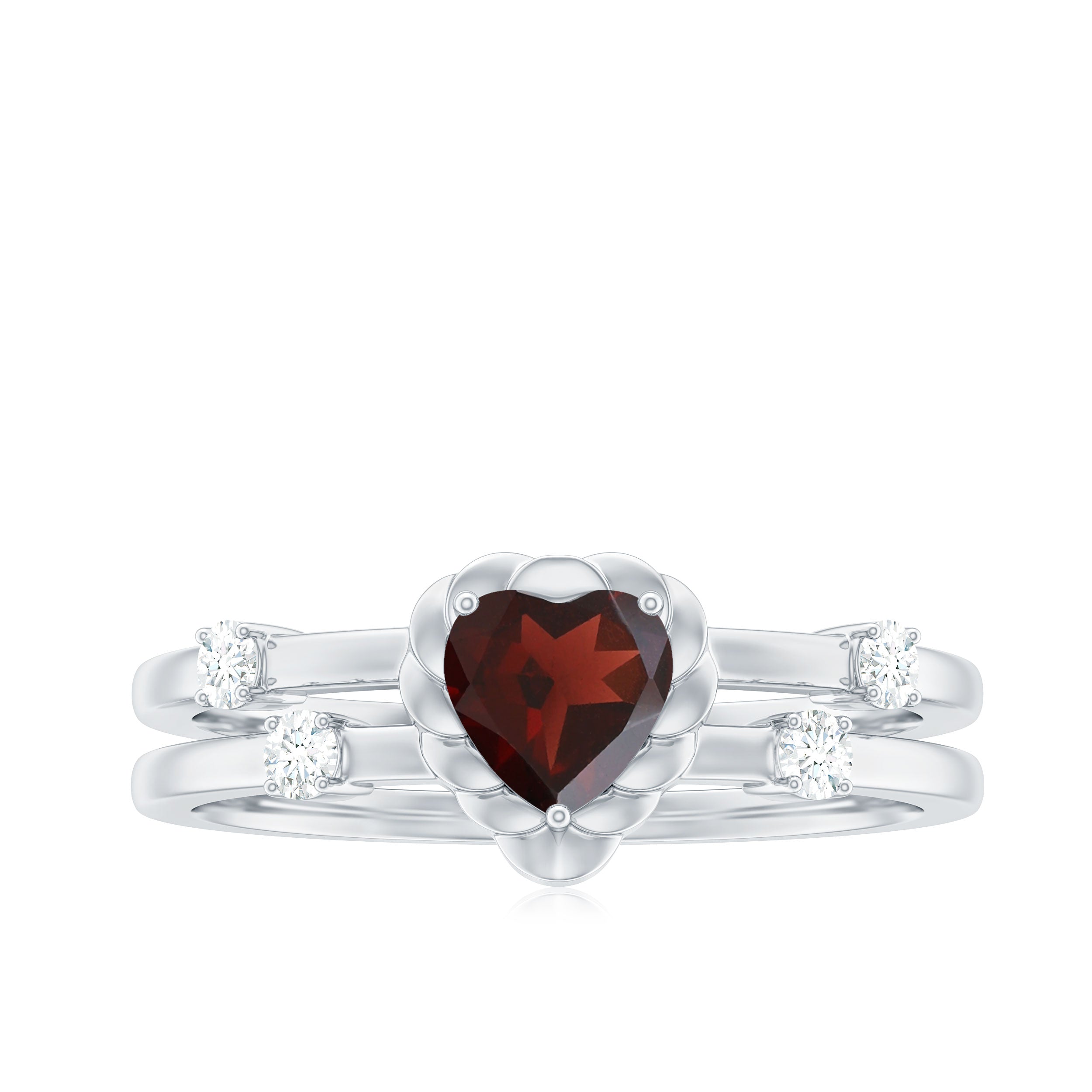 Heart Garnet Double Band Engagement Ring with Diamond Garnet - ( AAA ) - Quality - Rosec Jewels