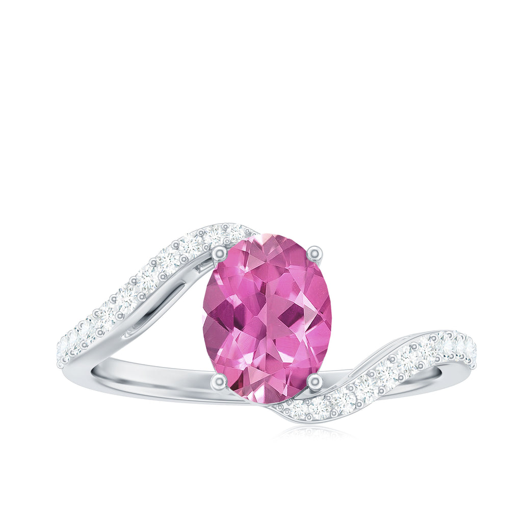 Natural Pink Tourmaline Solitaire Bypass Ring with Diamond Pink Tourmaline - ( AAA ) - Quality - Rosec Jewels