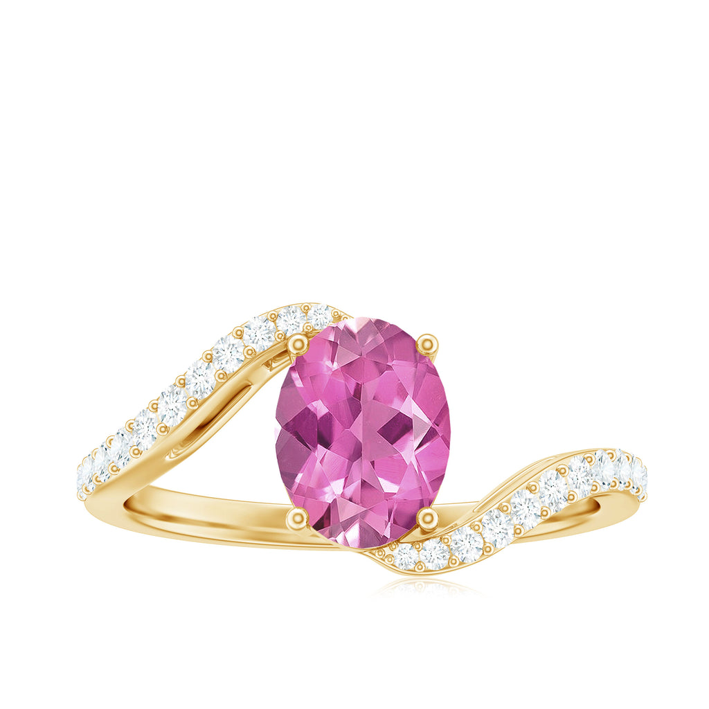 Natural Pink Tourmaline Solitaire Bypass Ring with Diamond Pink Tourmaline - ( AAA ) - Quality - Rosec Jewels