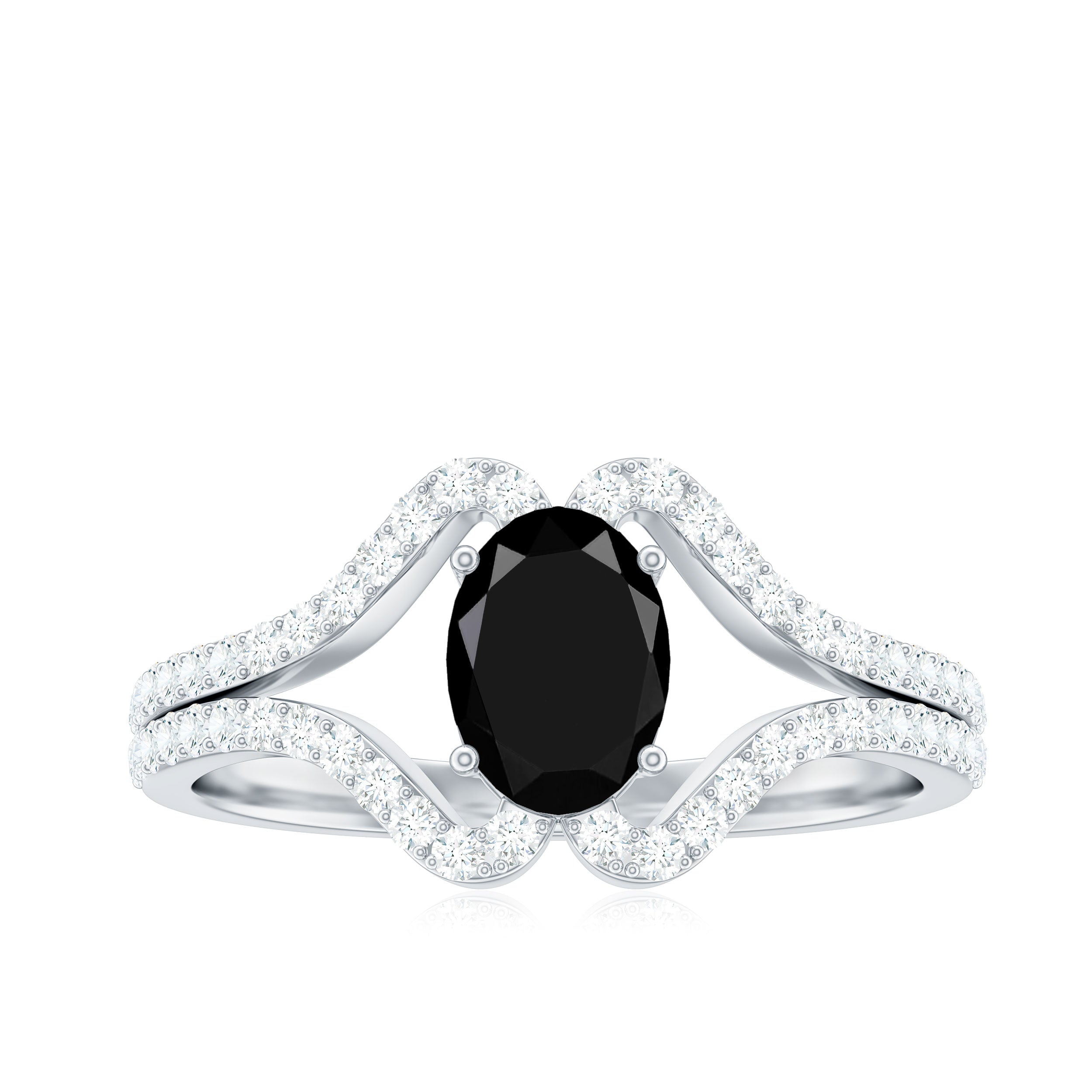 Oval Cut Black Spinel and Diamond Split Shank Ring Black Spinel - ( AAA ) - Quality - Rosec Jewels