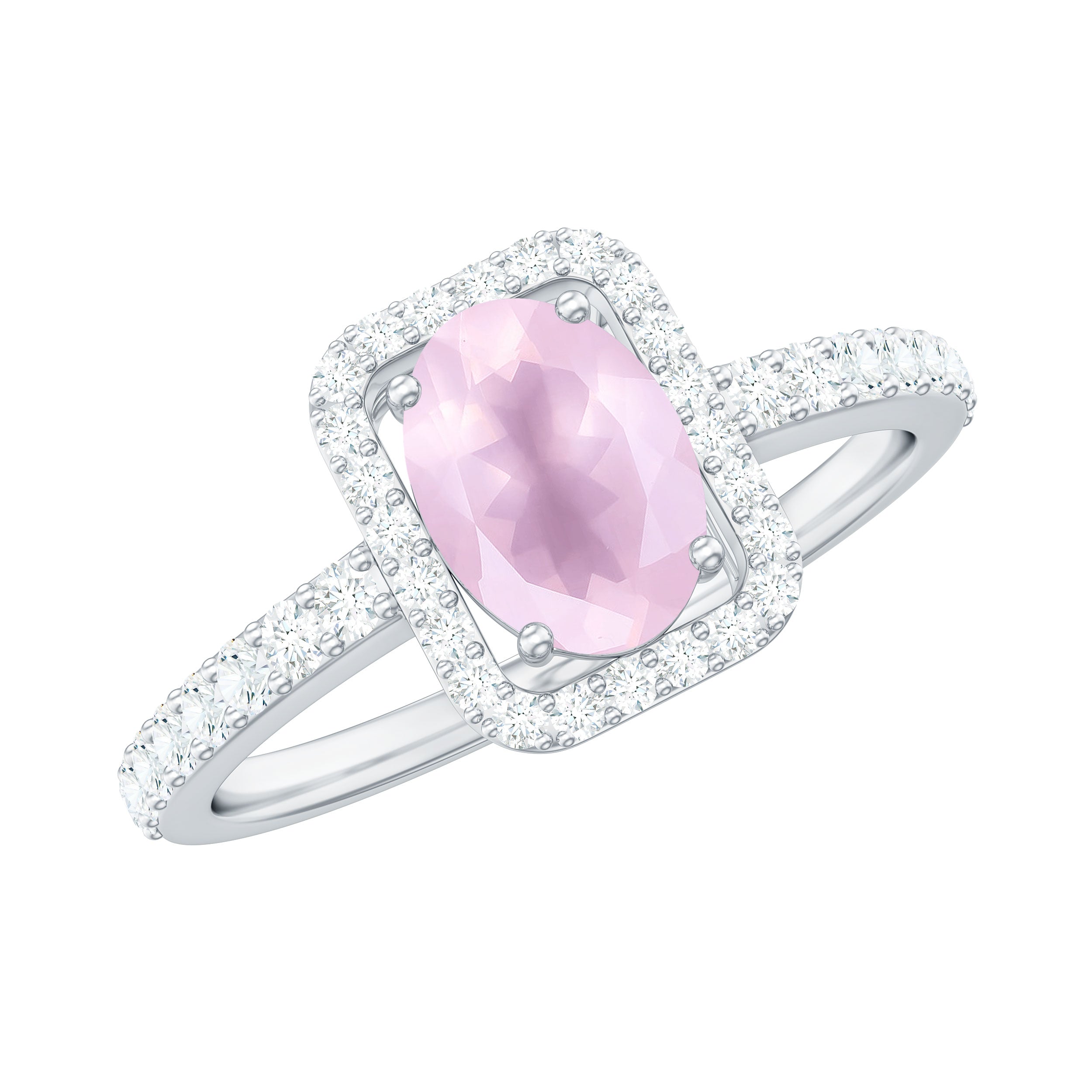 Oval Cut Rose Quartz Engagement Ring with Diamond Halo Rose Quartz - ( AAA ) - Quality - Rosec Jewels
