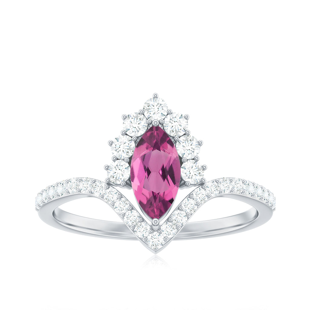 Marquise Cut Pink Tourmaline Designer Engagement Ring with Moissanite Frame Pink Tourmaline - ( AAA ) - Quality - Rosec Jewels