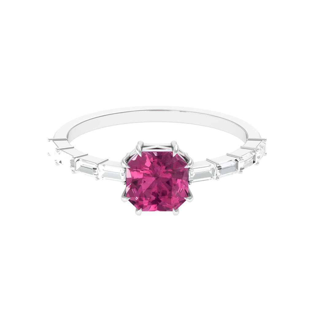 2 CT Asscher Pink Tourmaline Solitaire Engagement Ring with Moissanite Pink Tourmaline - ( AAA ) - Quality - Rosec Jewels