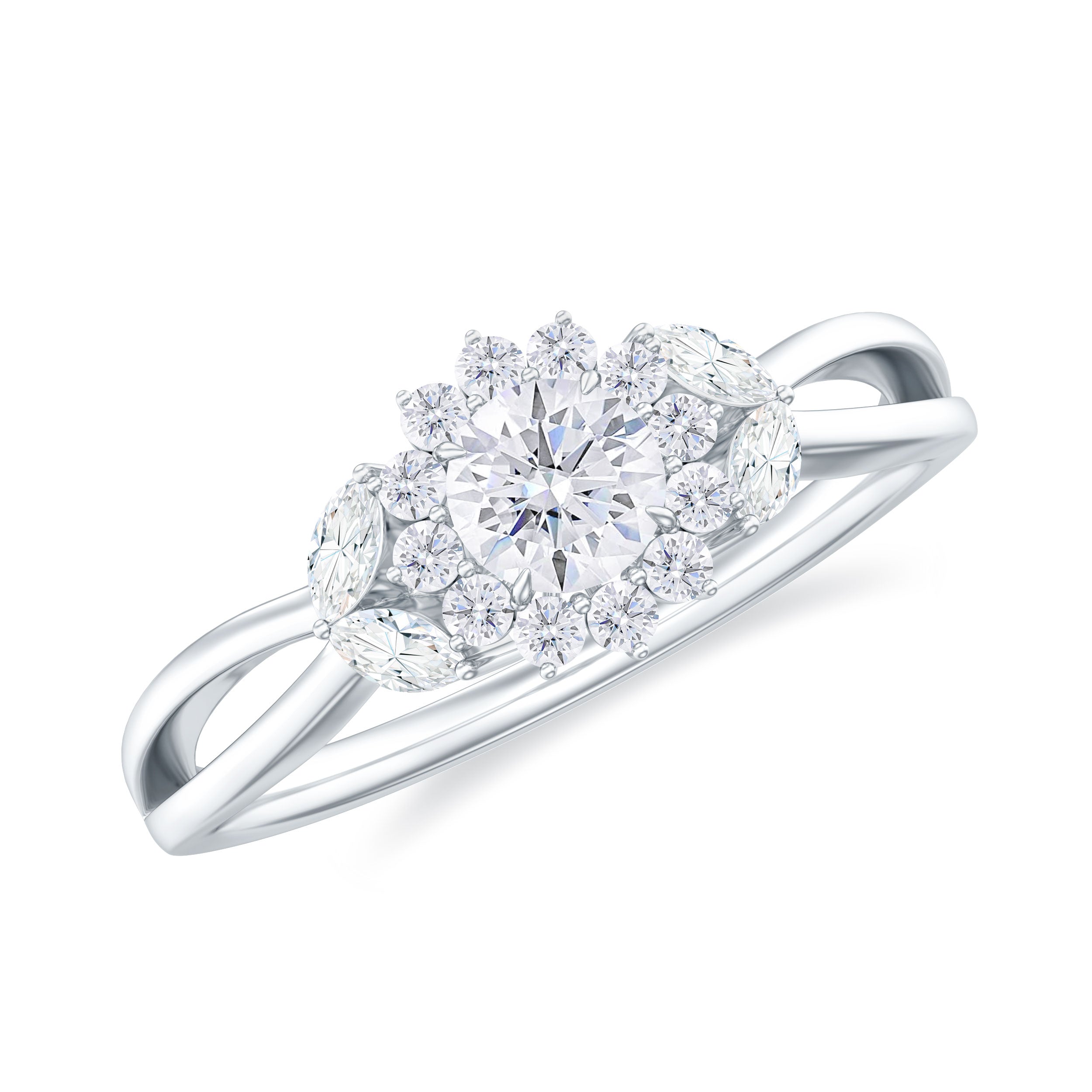Split Shank Simulated Diamond Flower Engagement Ring Zircon - ( AAAA ) - Quality - Rosec Jewels