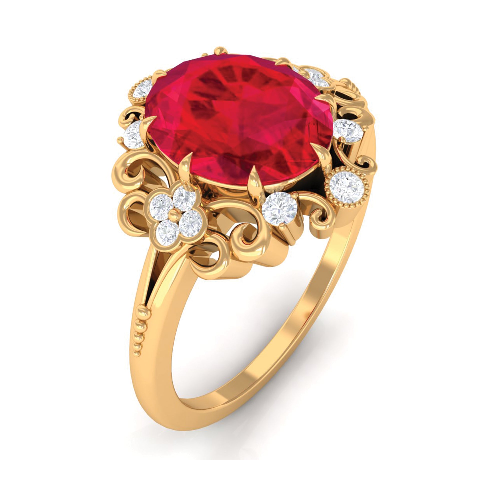 Certified Vintage Inspired Created Ruby Engagement Ring with Diamond Lab Created Ruby - ( AAAA ) - Quality - Rosec Jewels