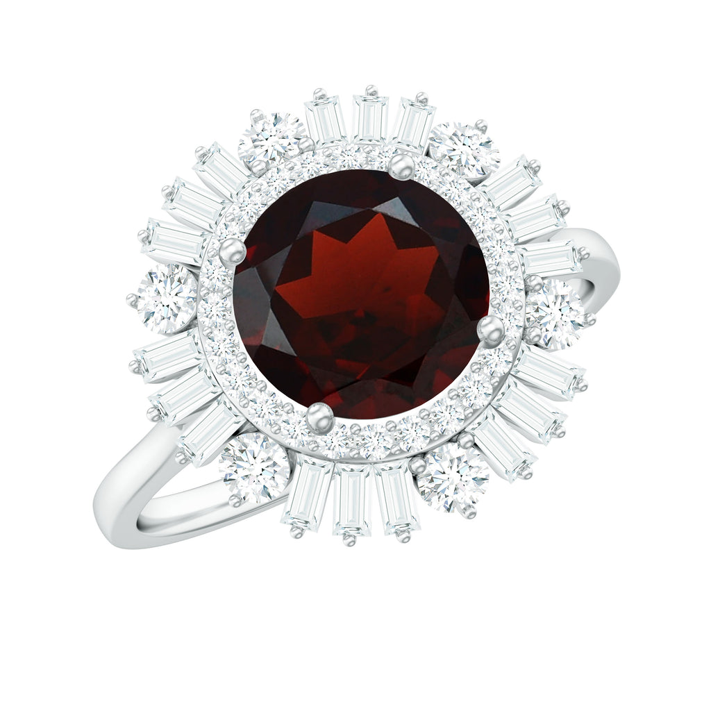 Round Garnet Cocktail Engagement Ring with Diamond Double Halo Garnet - ( AAA ) - Quality - Rosec Jewels