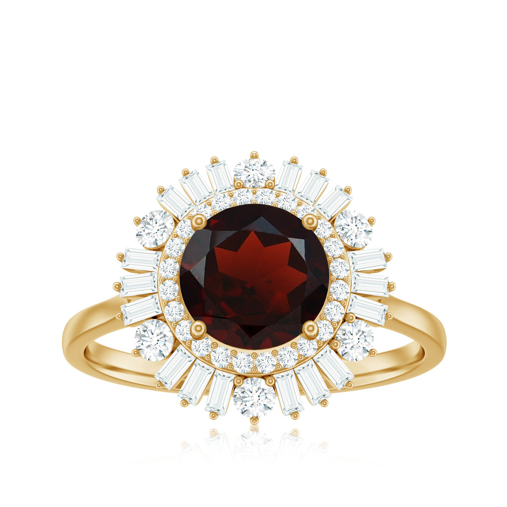 Round Garnet Cocktail Engagement Ring with Diamond Double Halo Garnet - ( AAA ) - Quality - Rosec Jewels