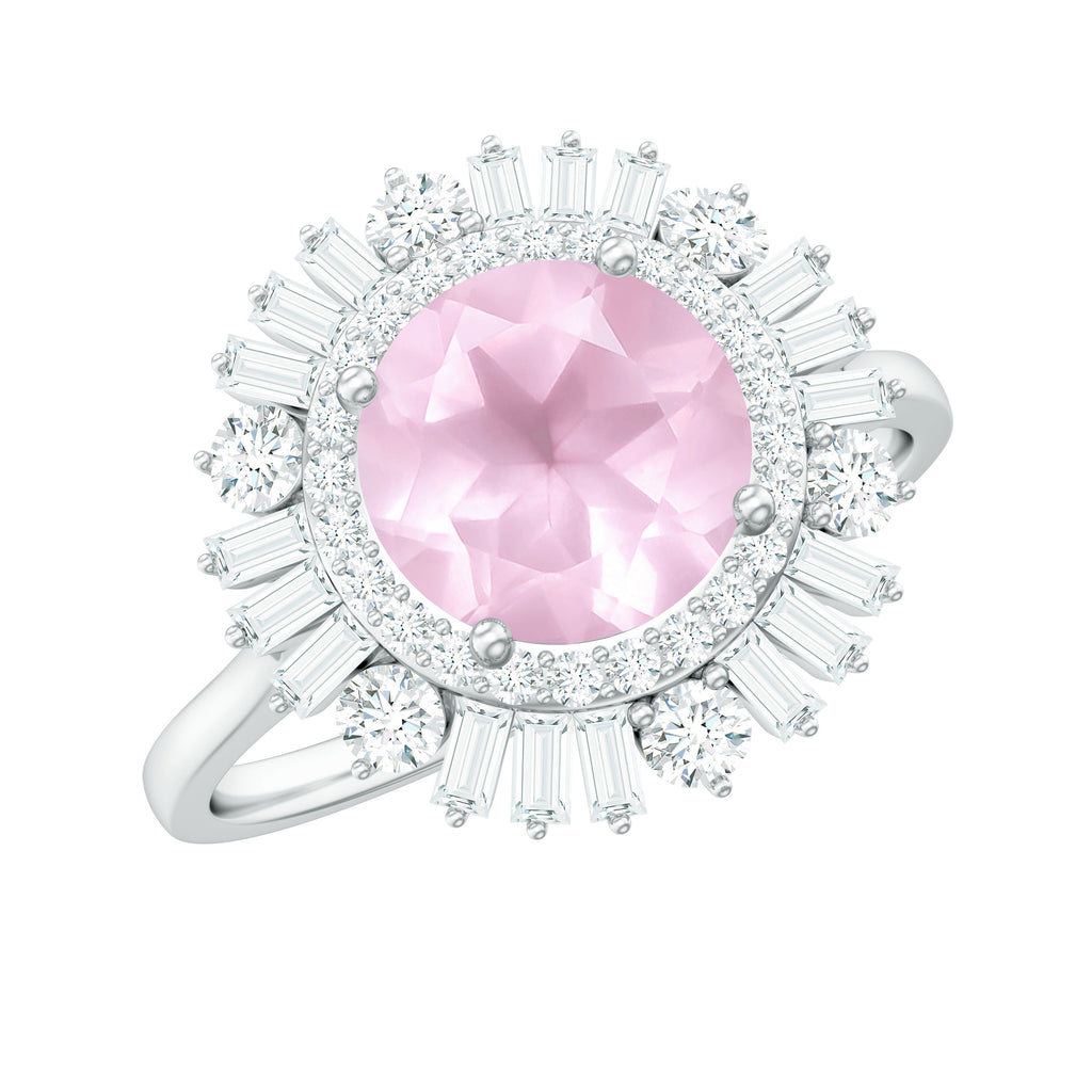 2 CT Round Rose Quartz Cocktail Ring with Moissanite Double Halo Rose Quartz - ( AAA ) - Quality - Rosec Jewels