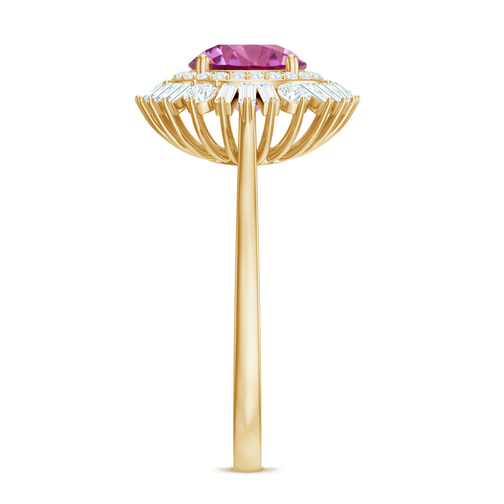 2 CT Round Pink Tourmaline Cocktail Ring with Moissanite Double Halo Pink Tourmaline - ( AAA ) - Quality - Rosec Jewels