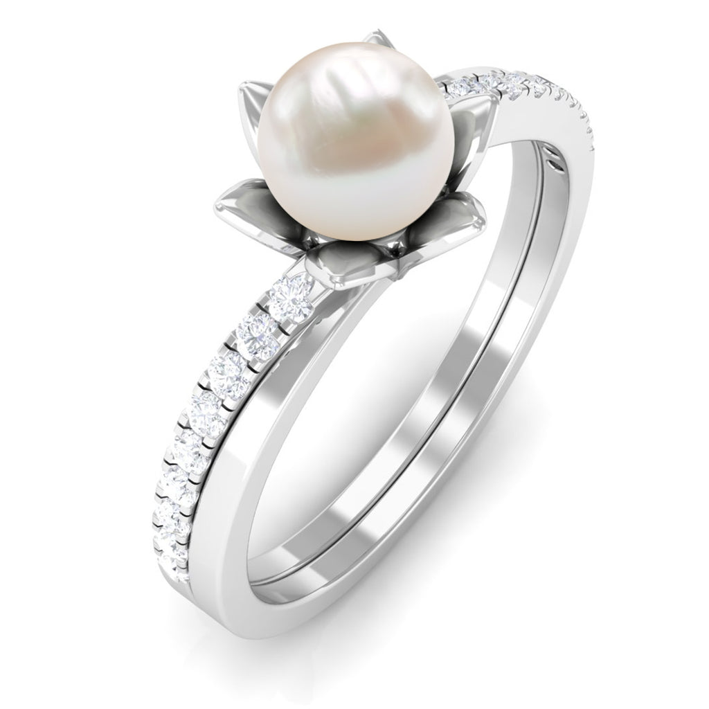 Freshwater Pearl and Diamond Flower Ring in Bypass Shank Freshwater Pearl - ( AAA ) - Quality - Rosec Jewels