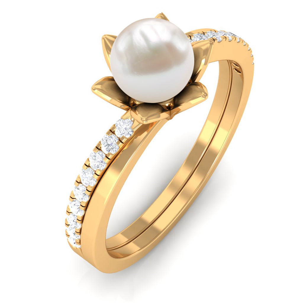 Freshwater Pearl and Diamond Flower Ring in Bypass Shank Freshwater Pearl - ( AAA ) - Quality - Rosec Jewels