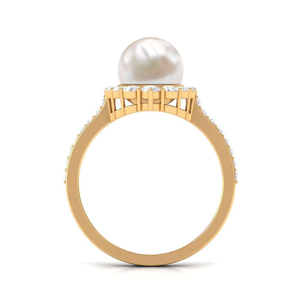 Classic Freshwater Pearl and Diamond Halo Ring Freshwater Pearl - ( AAA ) - Quality - Rosec Jewels