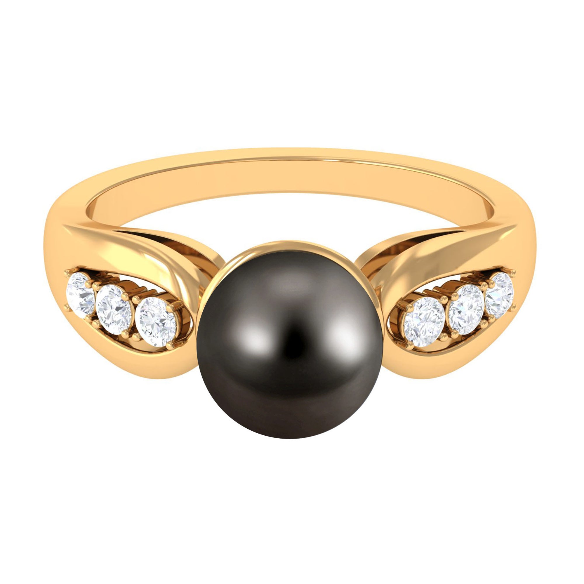 Solitaire Tahitian Pearl Engagement Ring with Diamond Side Stones Tahitian pearl - ( AAA ) - Quality - Rosec Jewels