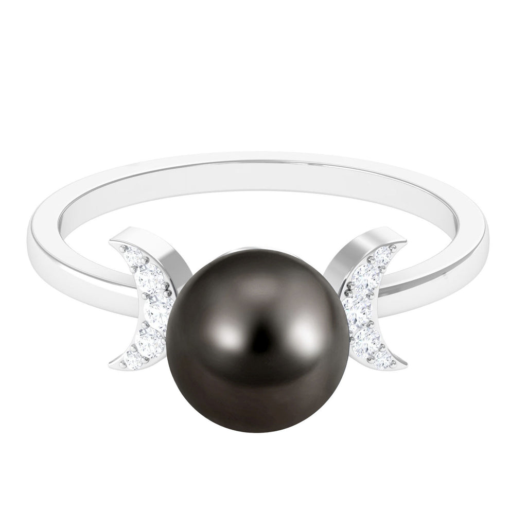 Round Tahitian Pearl Designer Engagement Ring with Diamond Tahitian pearl - ( AAA ) - Quality - Rosec Jewels