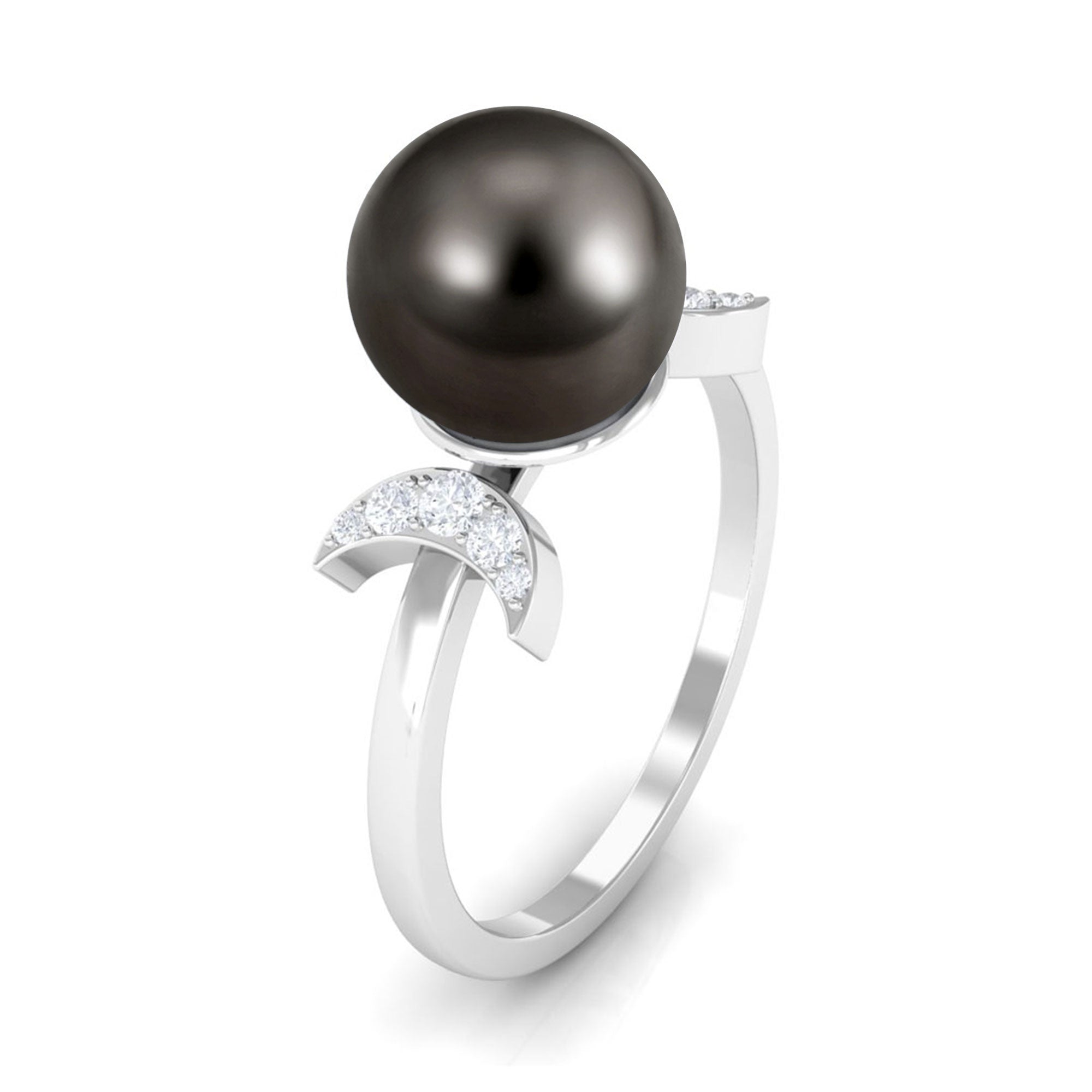 Round Tahitian Pearl Designer Engagement Ring with Diamond Tahitian pearl - ( AAA ) - Quality - Rosec Jewels