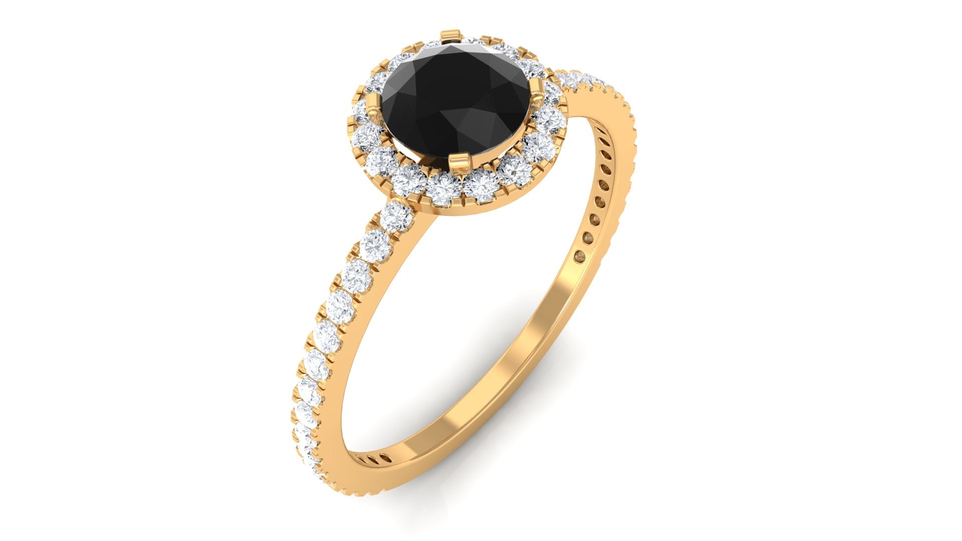 Round Black Spinel Halo Engagement Ring with Diamond Black Spinel - ( AAA ) - Quality - Rosec Jewels