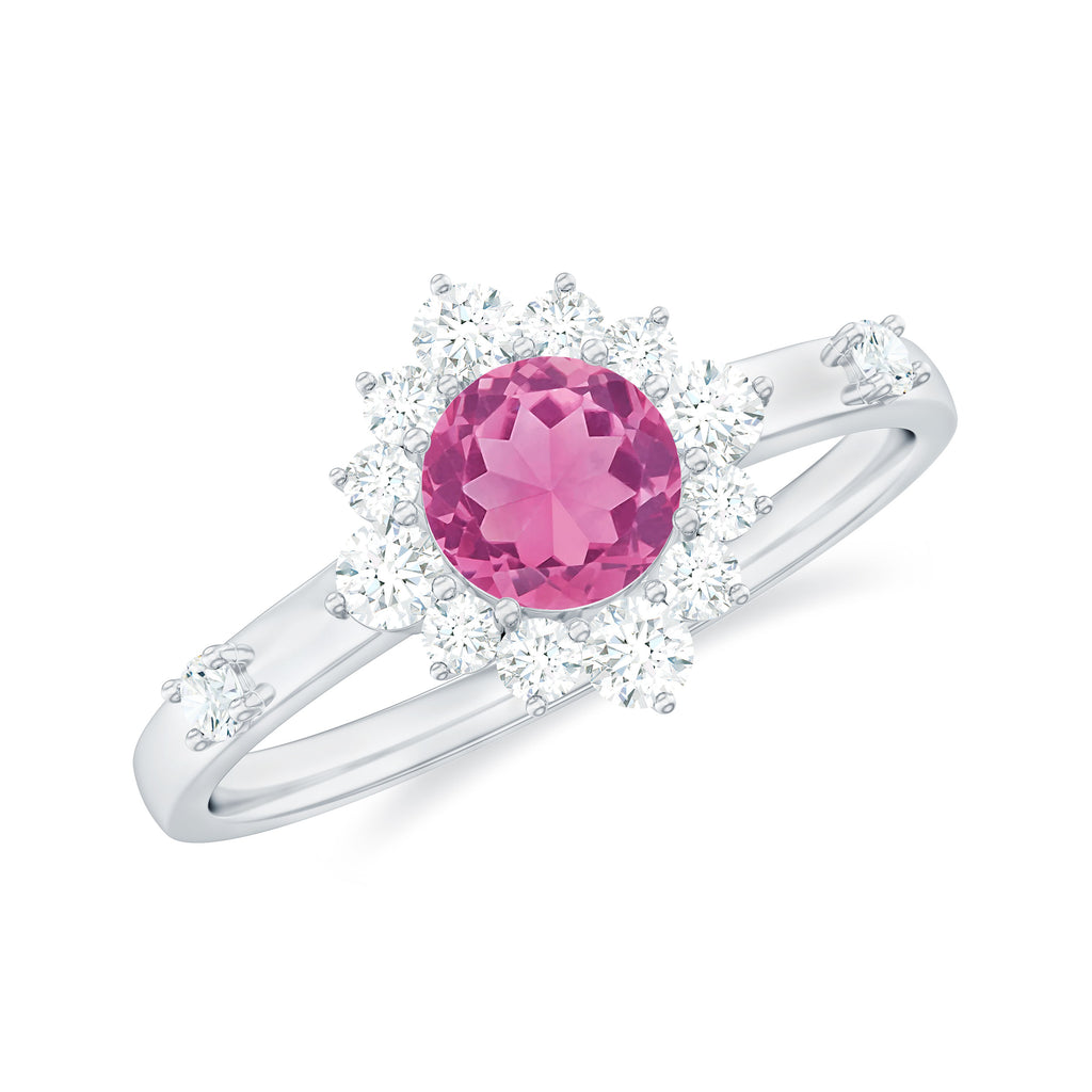 Round Pink Tourmaline Classic Halo Engagement Ring with Diamond Pink Tourmaline - ( AAA ) - Quality - Rosec Jewels