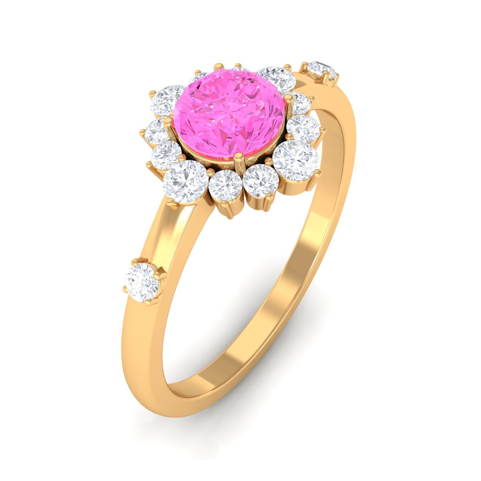 1 CT Round Pink Sapphire and Diamond Halo Engagement Ring Pink Sapphire - ( AAA ) - Quality - Rosec Jewels