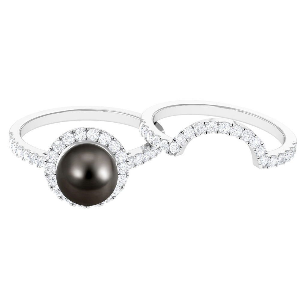 9 CT Tahitian Pearl and Diamond Halo Wedding Ring Set Tahitian pearl - ( AAA ) - Quality - Rosec Jewels