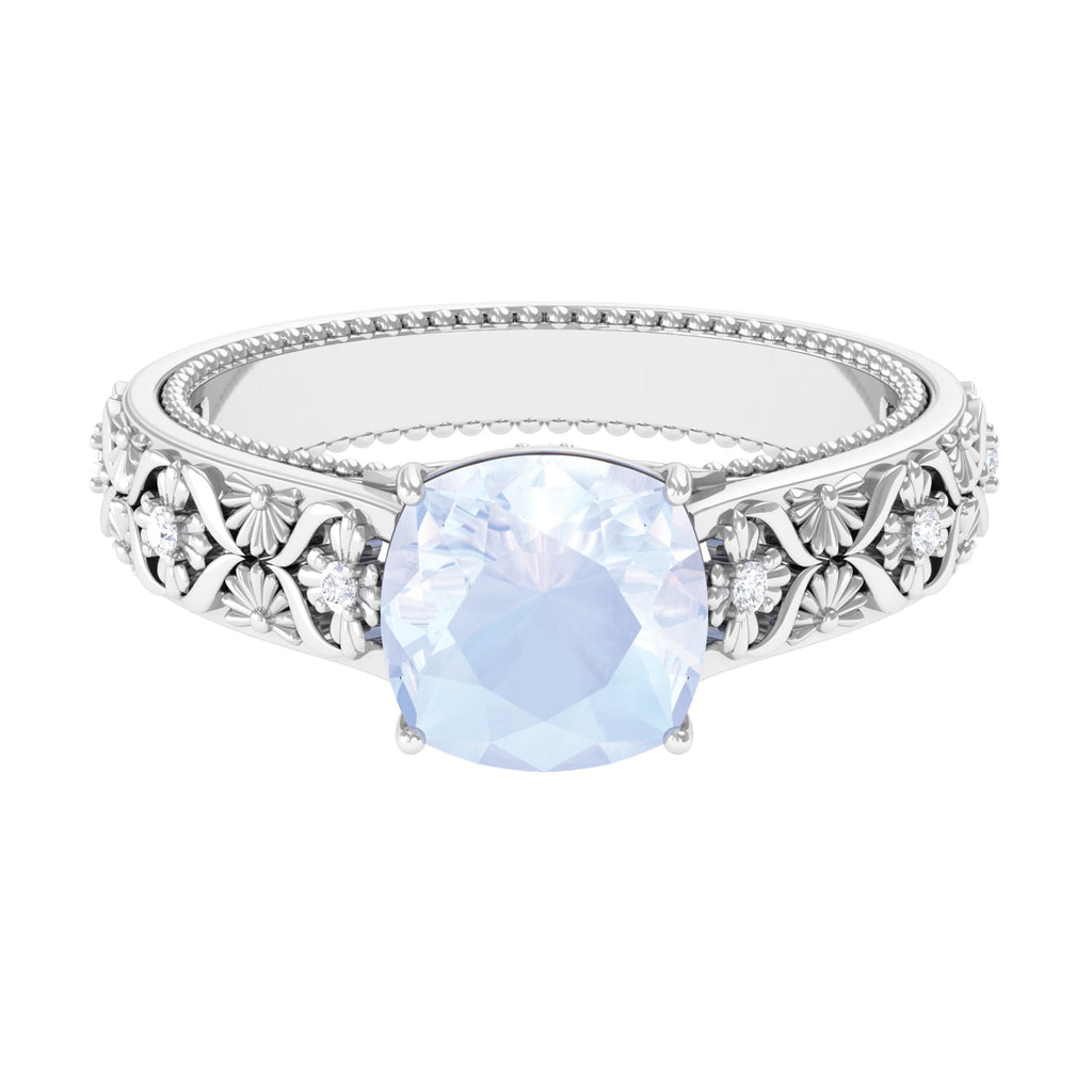 Cushion Cut Solitaire Moonstone Floral Engagement Ring with Diamond Moonstone - ( AAA ) - Quality - Rosec Jewels