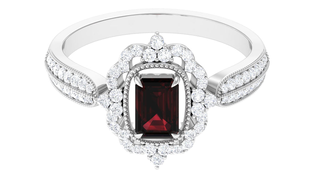 Vintage Style Octagon Garnet Engagement Ring with Diamond Floral Halo Garnet - ( AAA ) - Quality - Rosec Jewels