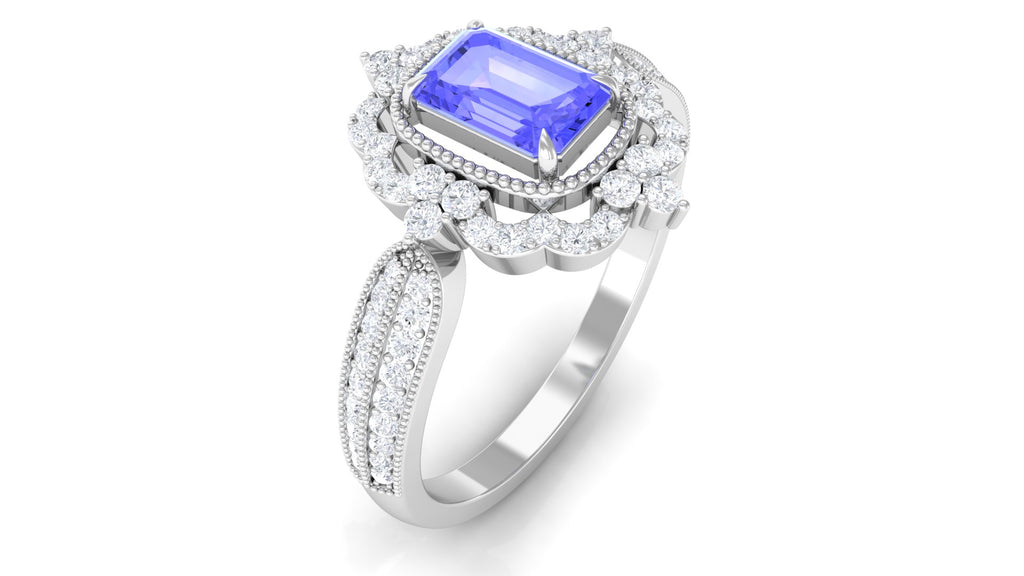 1 CT Vintage Style Emerald Cut Tanzanite Engagement Ring with Diamond Floral Halo Tanzanite - ( AAA ) - Quality - Rosec Jewels
