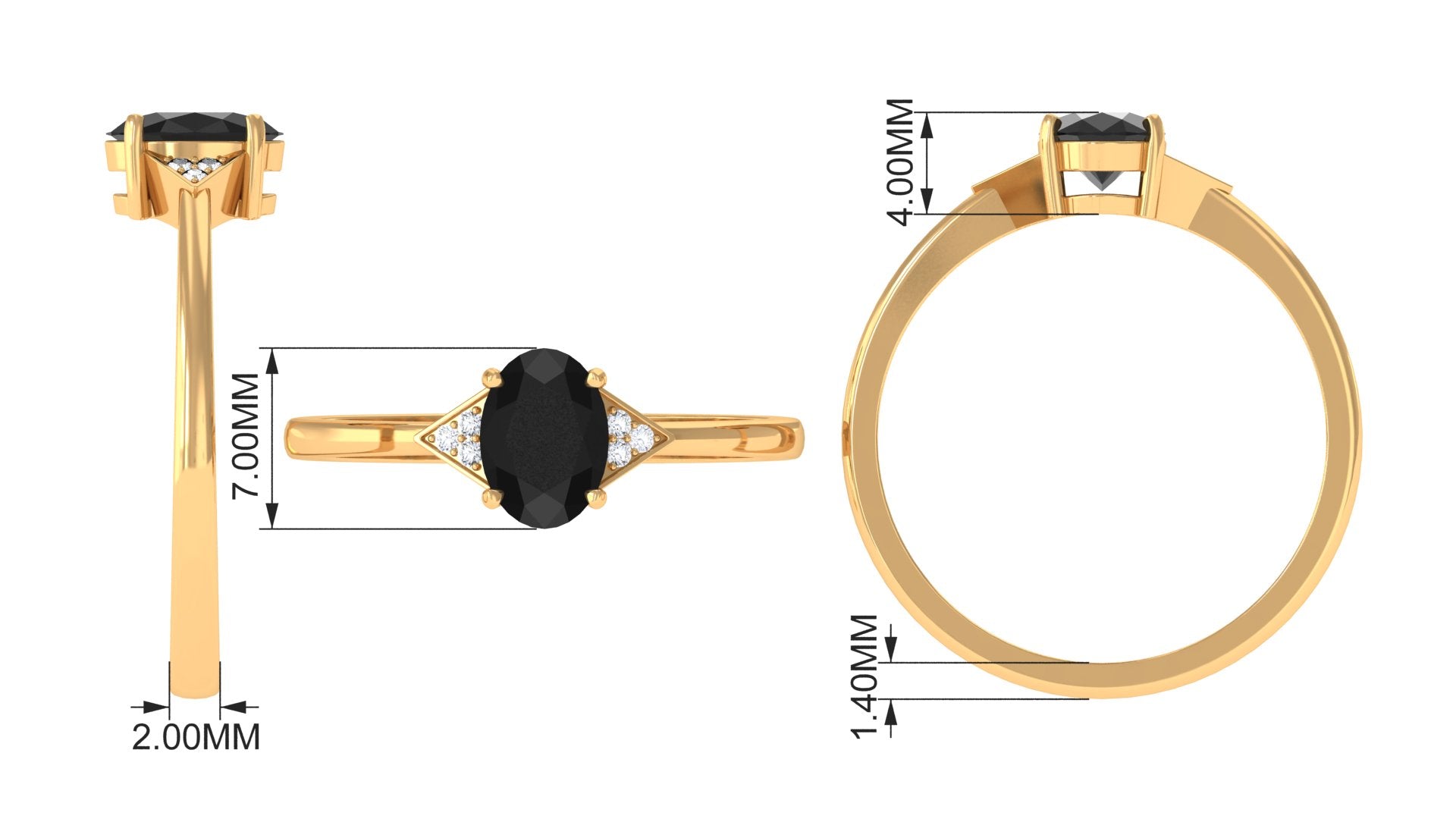 Oval Black Spinel Solitaire Ring with Diamond Accent Black Spinel - ( AAA ) - Quality - Rosec Jewels