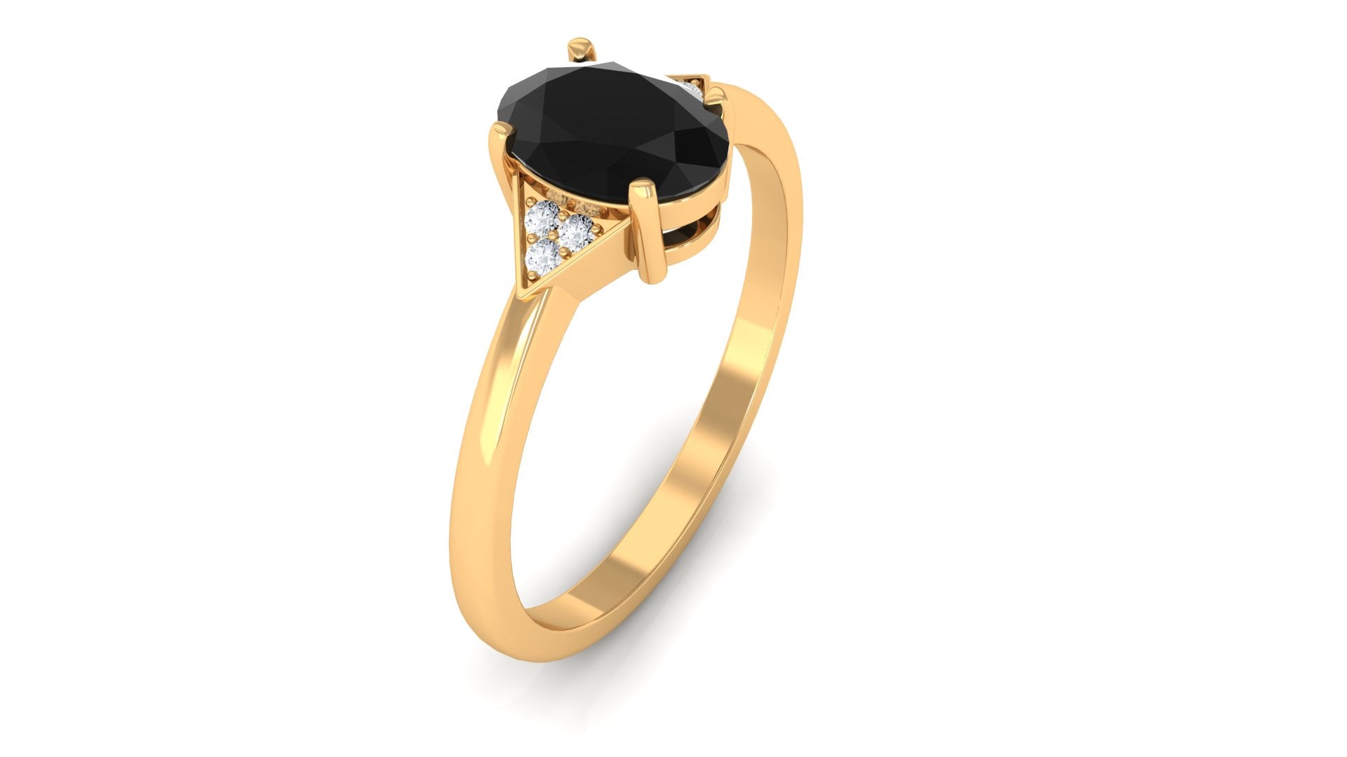 Oval Black Spinel Solitaire Ring with Diamond Accent Black Spinel - ( AAA ) - Quality - Rosec Jewels