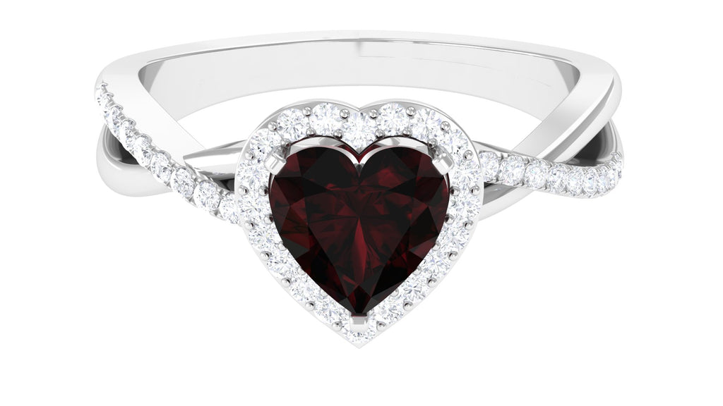 Heart Shape Garnet Crossover Engagement Ring with Diamond Garnet - ( AAA ) - Quality - Rosec Jewels
