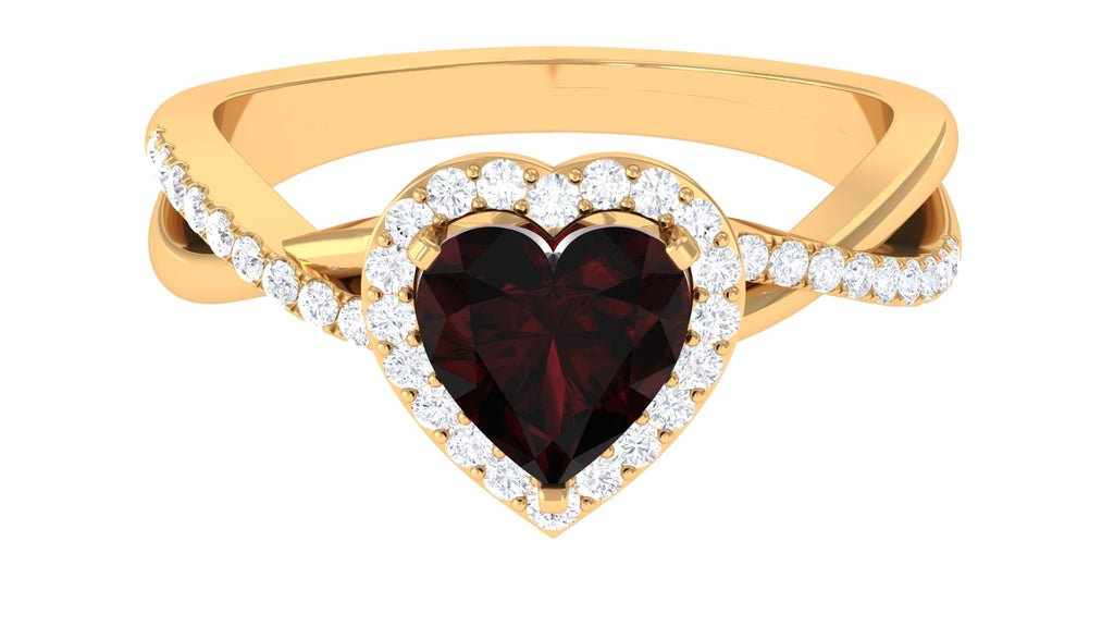 Heart Shape Garnet Crossover Engagement Ring with Diamond Garnet - ( AAA ) - Quality - Rosec Jewels