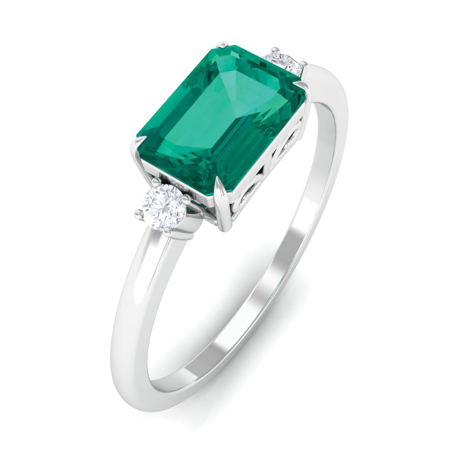 Octagon shape Emerald East West Engagement Ring with Diamond Emerald - ( AAA ) - Quality - Rosec Jewels
