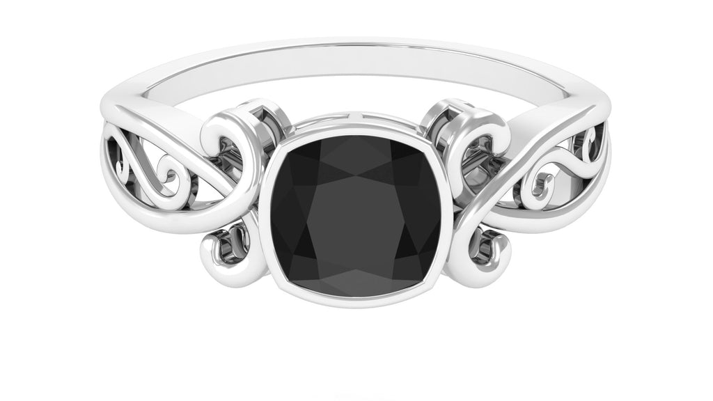 Cushion Black Spinel Solitaire Vintage Inspired Ring in Bezel Setting Black Spinel - ( AAA ) - Quality - Rosec Jewels