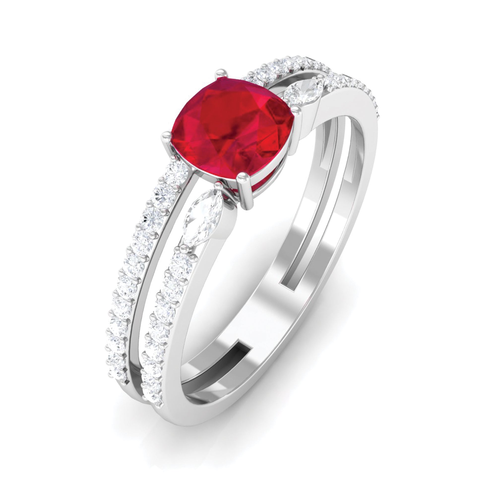 Lab Grown Ruby Anniversary Double Band Ring with Diamond Lab Created Ruby - ( AAAA ) - Quality - Rosec Jewels