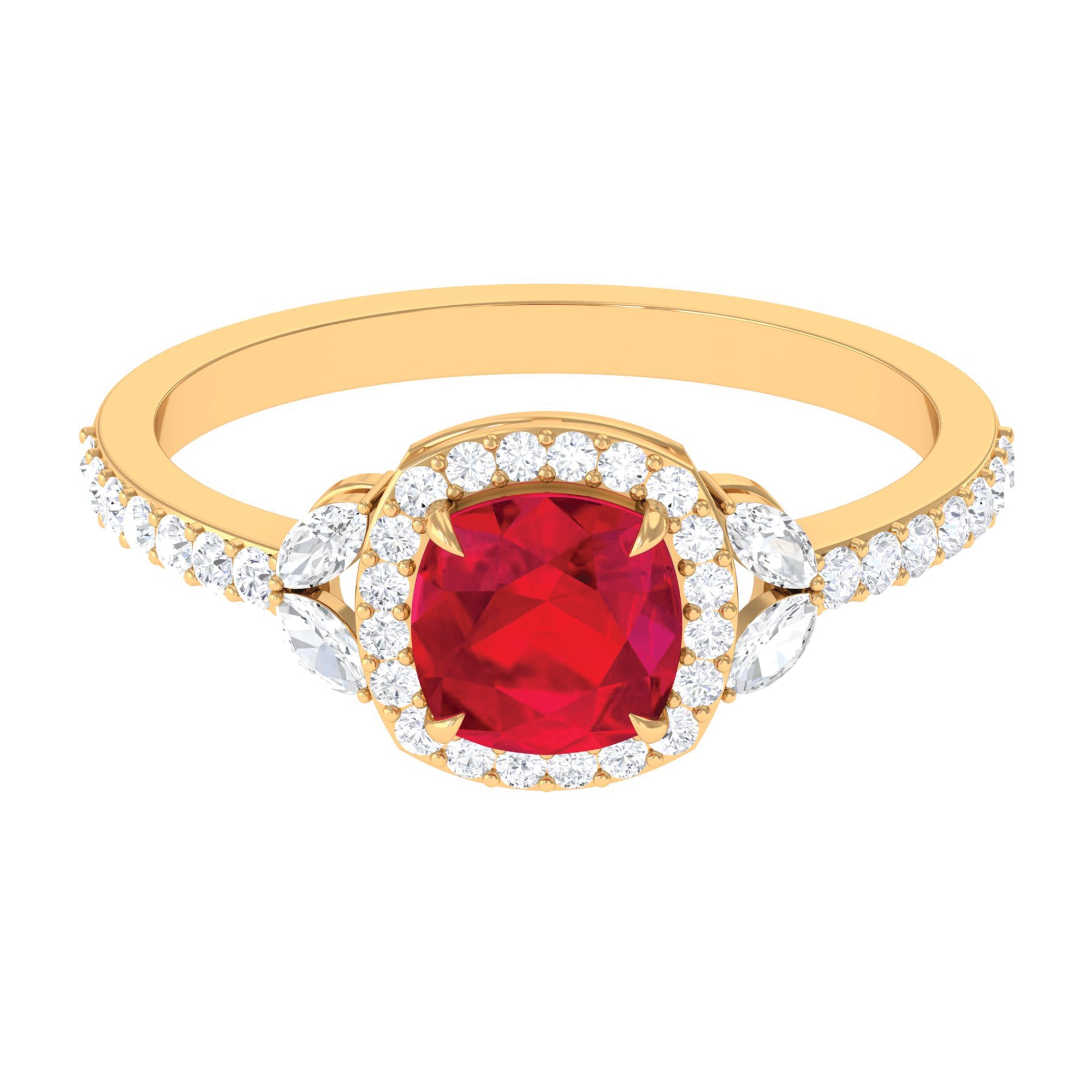 Cushion Cut Lab Grown Ruby Ring with Diamond Halo Lab Created Ruby - ( AAAA ) - Quality - Rosec Jewels
