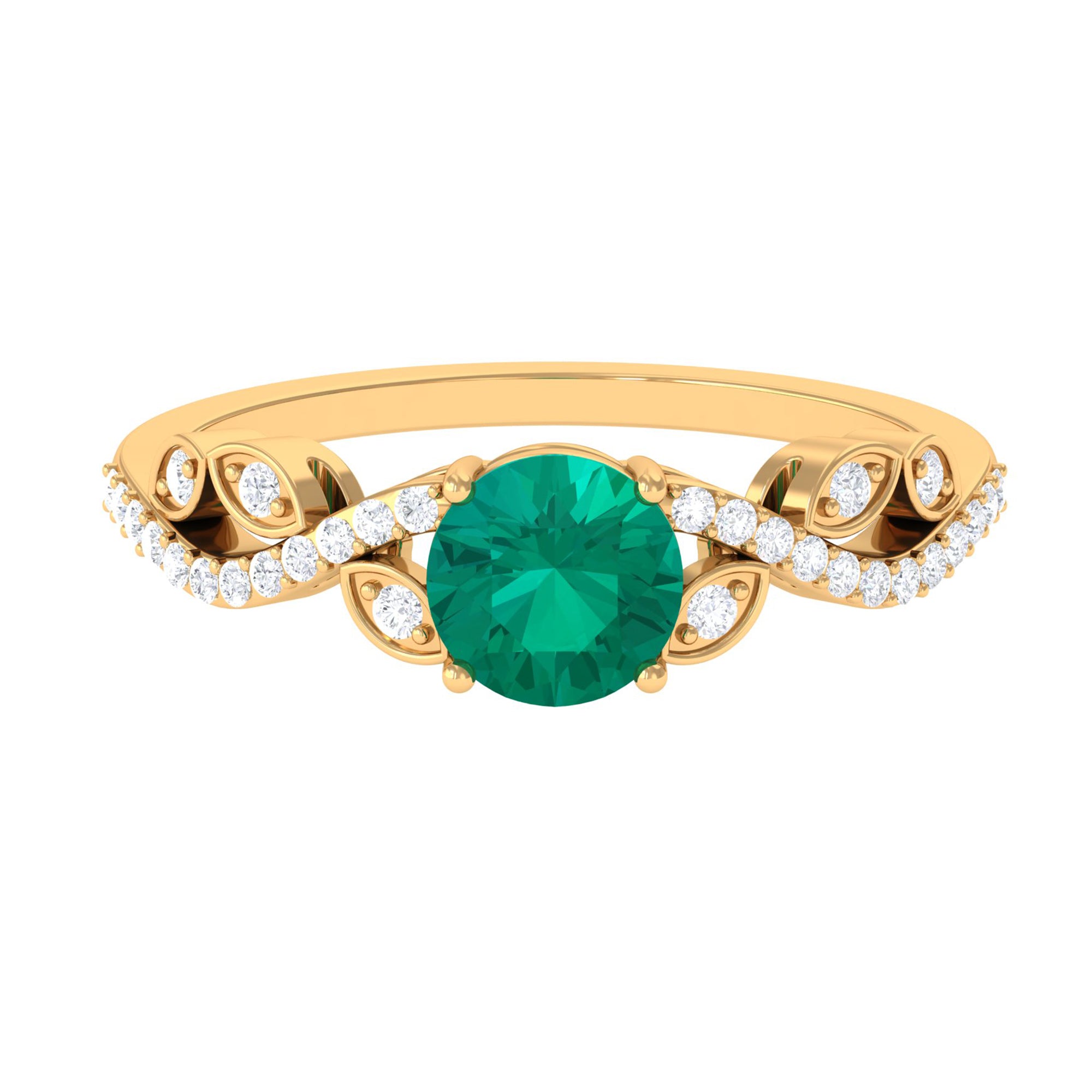 Round shape Emerald Designer Engagement Ring with Diamond Emerald - ( AAA ) - Quality - Rosec Jewels