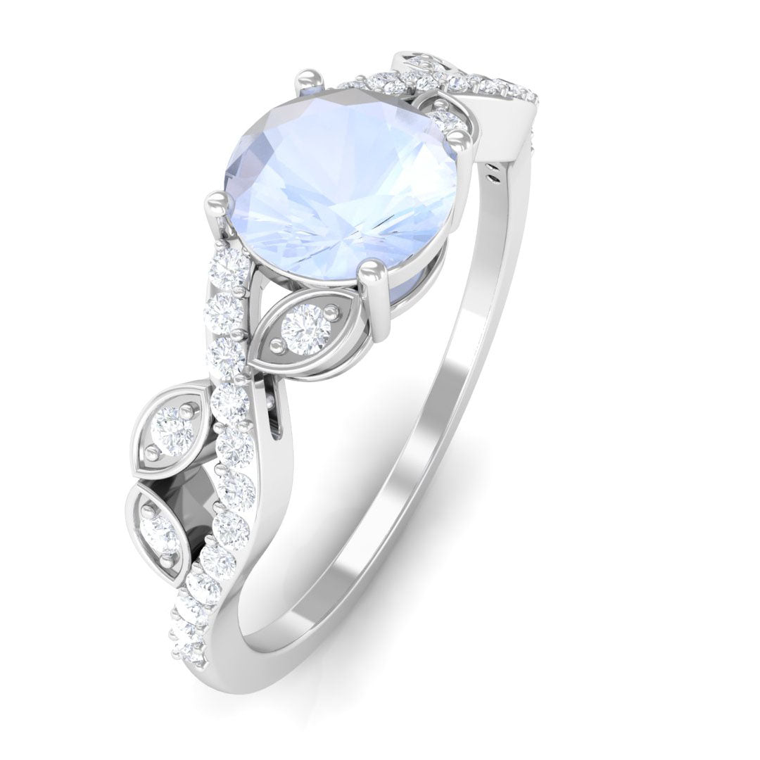 Round Shape Moonstone Designer Engagement Ring with Diamond Moonstone - ( AAA ) - Quality - Rosec Jewels