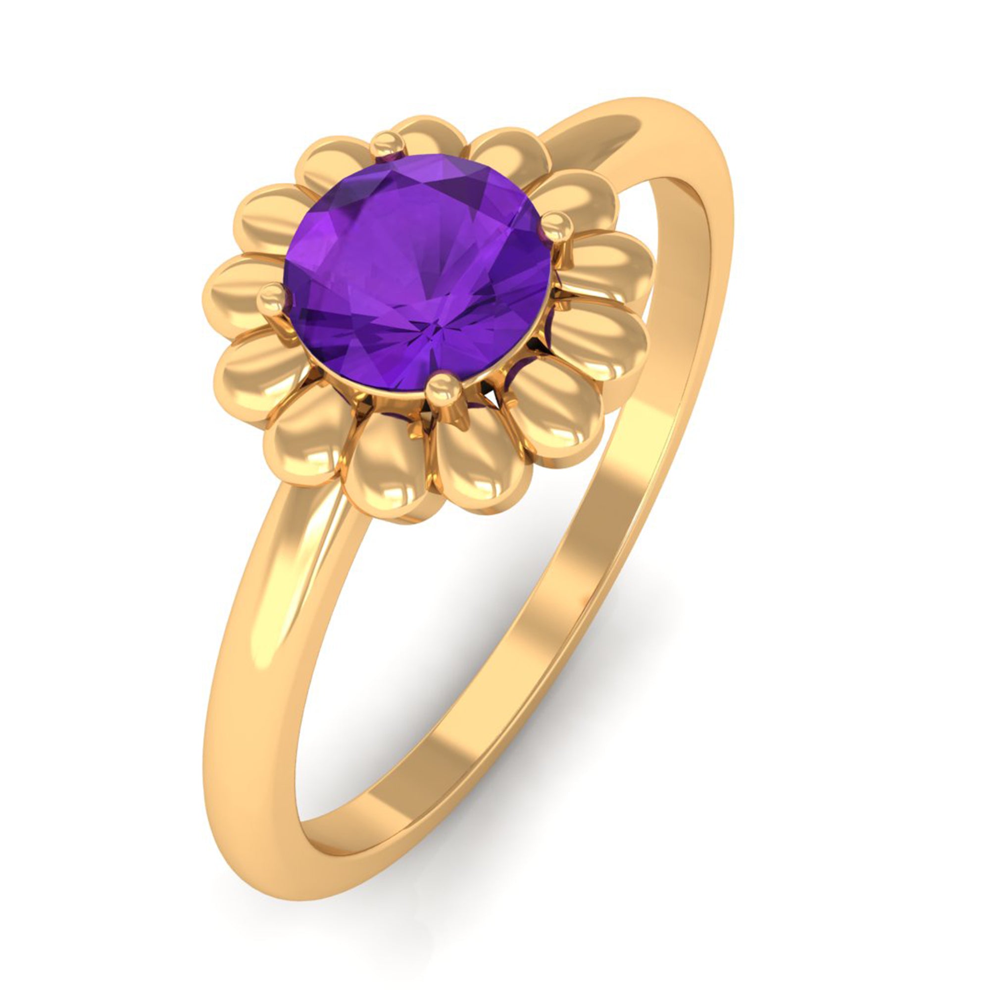 Round Cut Solitaire Amethyst Flower Ring Amethyst - ( AAA ) - Quality - Rosec Jewels