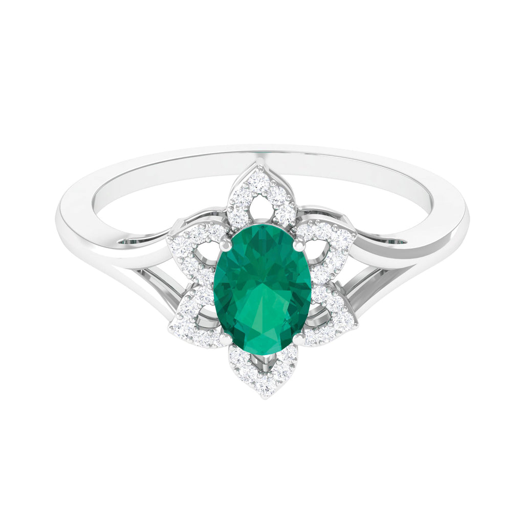 Oval Emerald and Diamond Flower Engagement Ring in Split Shank Emerald - ( AAA ) - Quality - Rosec Jewels