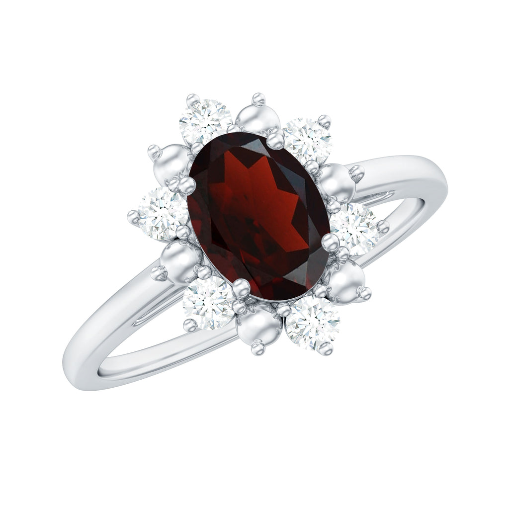 Oval Garnet Floral Halo Engagement Ring with Diamond Garnet - ( AAA ) - Quality - Rosec Jewels
